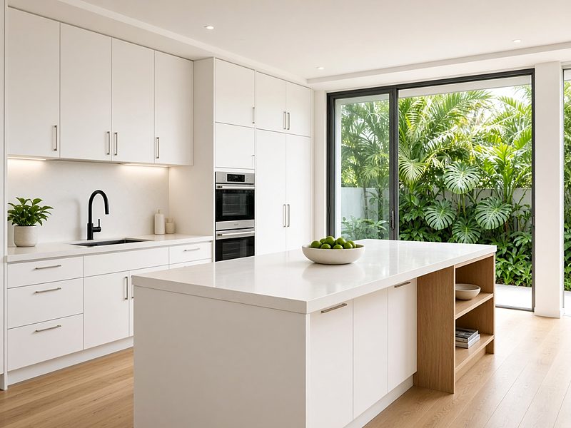 Illustration: bright white kitchen with stone benchtops, timber island shelving and a tropical garden view