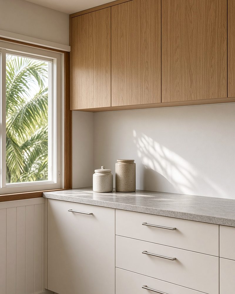 Illustration: timber-look overhead cabinets above white drawers and a stone benchtop
