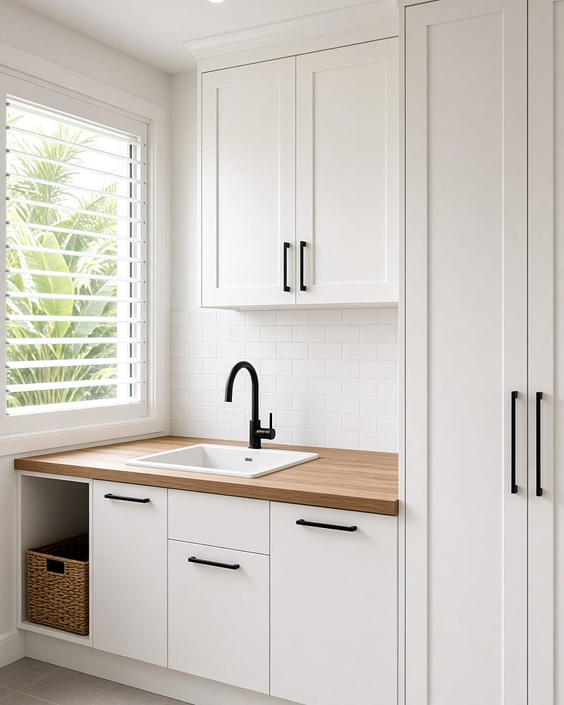 Illustration: white laundry cabinetry with a timber benchtop and tall storage