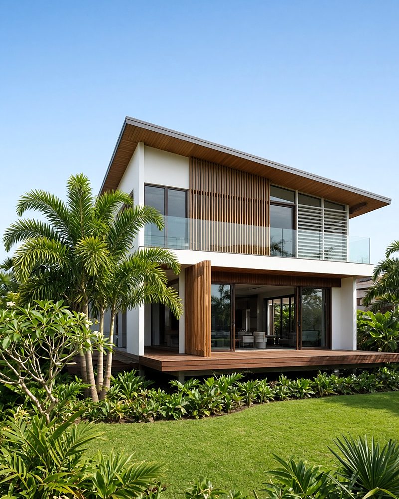 Illustration: modern two-storey tropical Queensland home with timber battens, a covered deck and palms