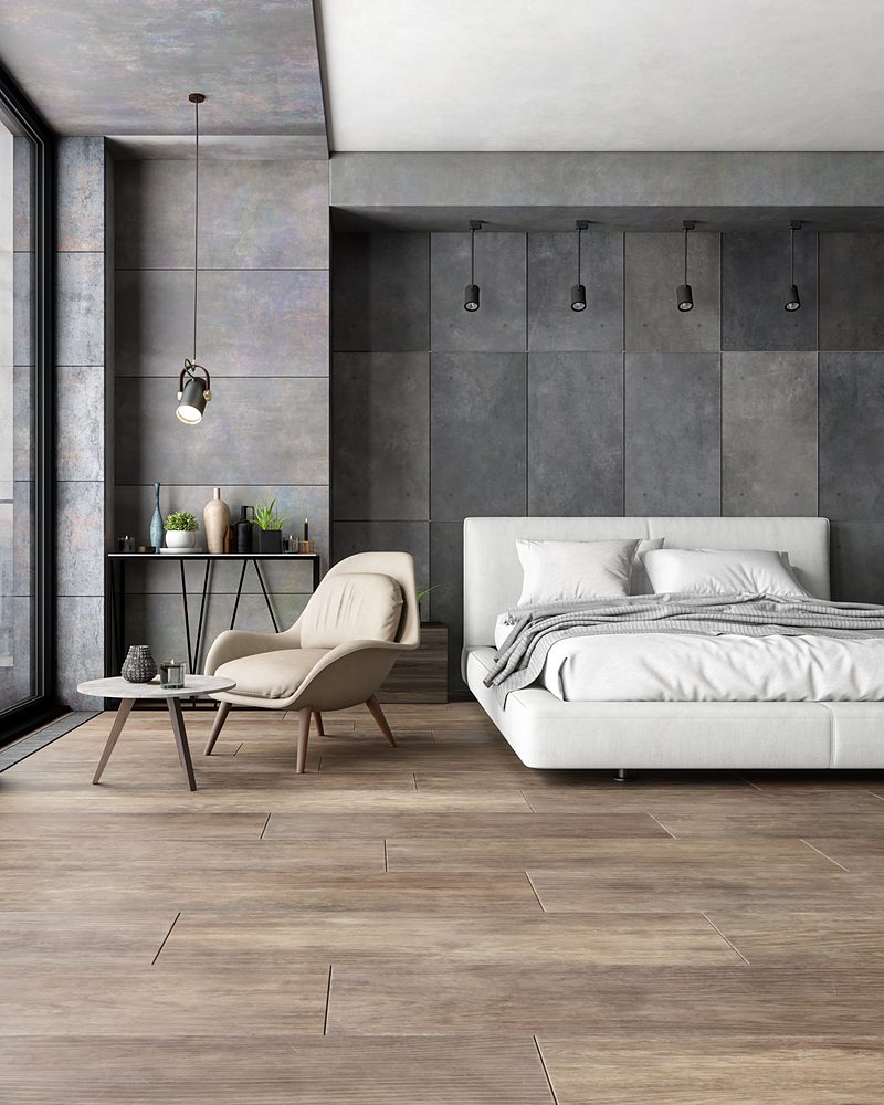 Bedroom interior with timber-look floor and concrete feature wall